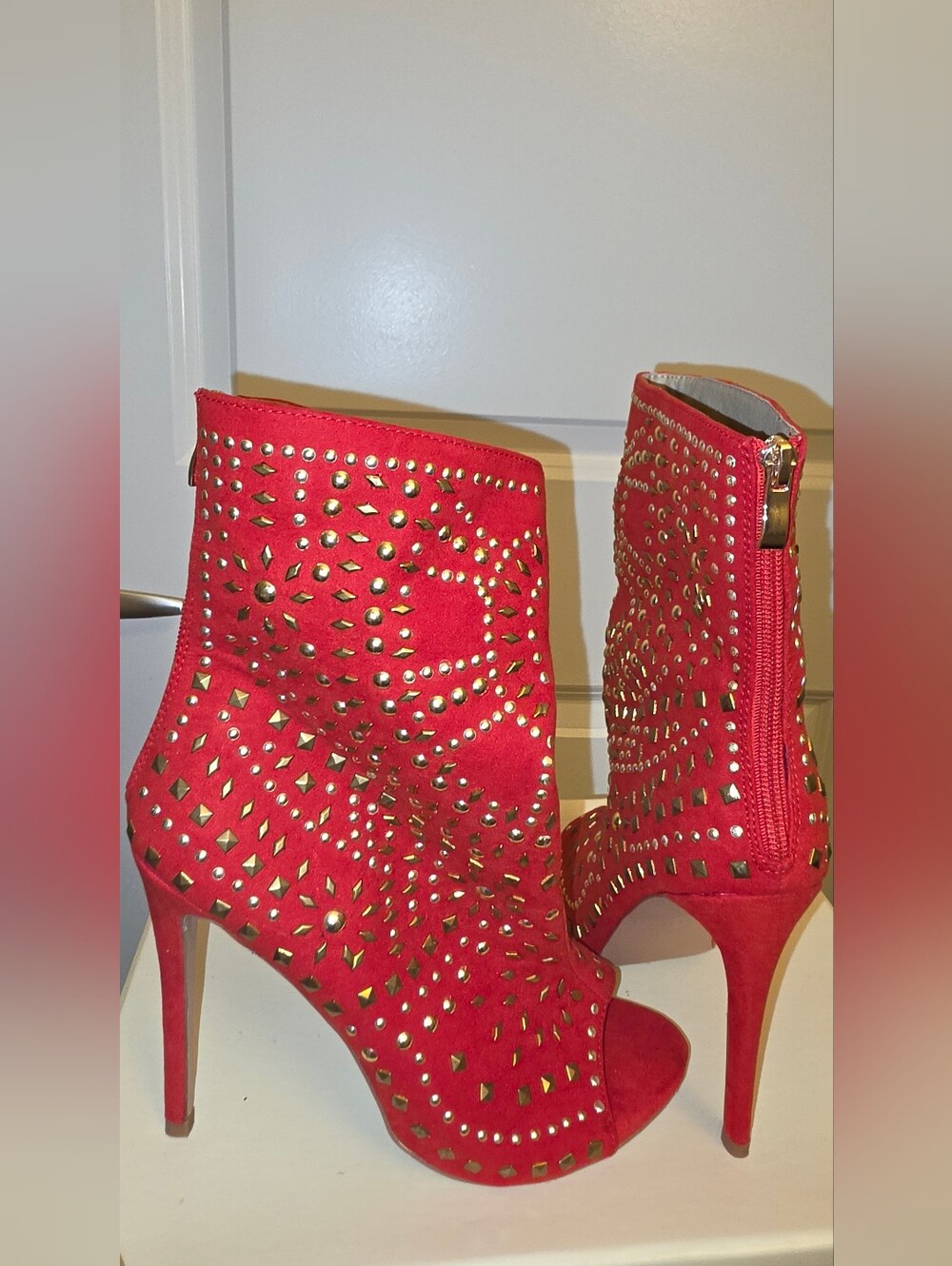 Red Studded Peep-Toe Ankle Boots
